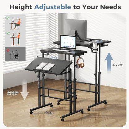 DUMOS Rolling Standing Desk, Sit Stand Desk, Computer Cart | 23.6 Inch Width, Height Adjustable, Split Top, Mobile Laptop Workstation, Office Table, Portable Design, Black - color: Black