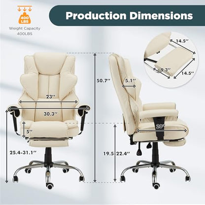 Ergonomic Executive Office Chair, 6-Point Massage Manager Chair with Heating Function, Adjustable Backrest Home Office Chair with Adjustable Footrest and Armrests (Beige) - color: Beige