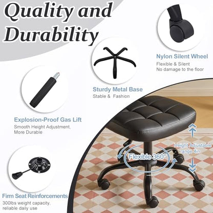 VINGLI Compact Small Desk Chair, Cute Armless Chair with Wheels, Vanity Chair with Low Back, Height Adjustable Task Chair for Small Spaces, Office, Bedroom, Make Up Room, PU Leather, Black - color: Black