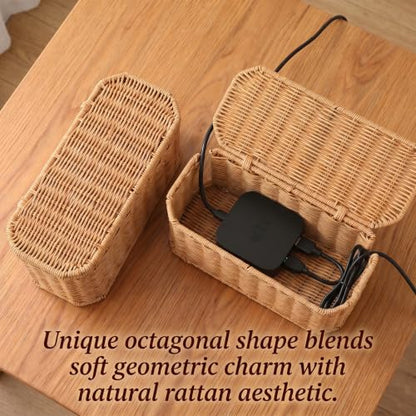 Large Cable Management Box with Lid, Wicker Basket Hides Power Strips, TV Boxes & Routers - size: Large