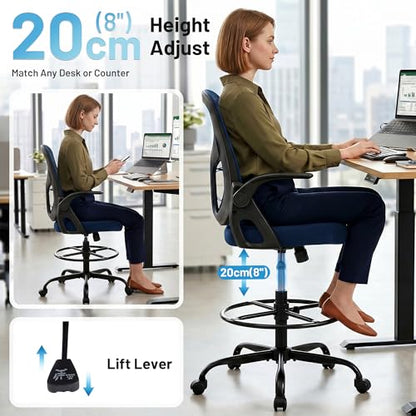 Drafting Chair for Standing Desk, Tall Office Chair with 22"-30" Seat Height &7" Lift Footrest Ring, Ergonomic Executive Mesh Computer Counter Stool with Lumbar Support &Flip-up Arms for Artist - color: Navy
