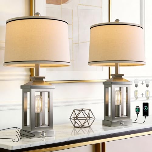 Modern Table Lamps Set of 2 for Living Room 23.75" Bedroom Nightstand Lamps | Touch Lamps with Three-level Dimming Nightlight, Bulbs Included, USB Charging Ports, Silver Modern Bedside Side Table Lamp - color: Metal Silver