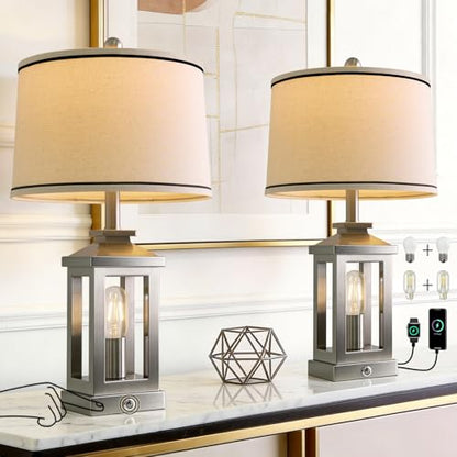 Modern Table Lamps Set of 2 for Living Room 23.75" Bedroom Nightstand Lamps | Touch Lamps with Three-level Dimming Nightlight, Bulbs Included, USB Charging Ports, Silver Modern Bedside Side Table Lamp - color: Metal Silver