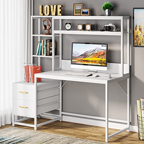 Tribesigns 55 Inch Computer Desk with 2 Drawers and Storage Shelves, Rustic Office Desk with Hutch, Study Writing Gaming Table Laptop Workstation for Home Office (White) - color: White