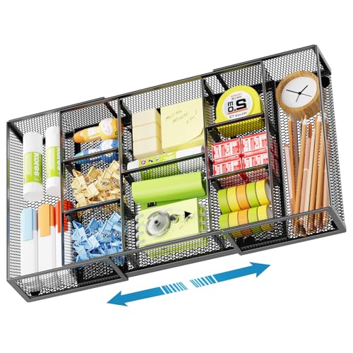 Marbrasse Expandable Desk Drawer Organizer, Mesh Drawer Organizer Tray with 10 Adjustable Compartments, Desk Organizers and Accessories for Office Supplies (Longer Expandable Drawer Organizer-B) - color: Longer Expandable Drawer Organizer-B