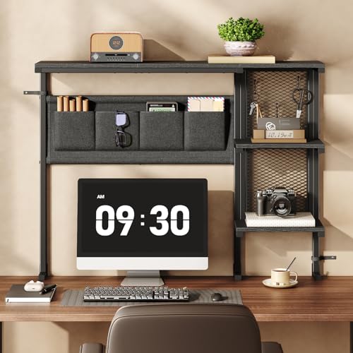 Clamp On Desk Shelf, 3-Tier Above Desk Extender with Pegboard & Hooks, Metal & Wooden Desktop Bookshelf & Organizer, Tabletop Storage Rack for Office Accessories, 38.3" W x 33" H, Black
