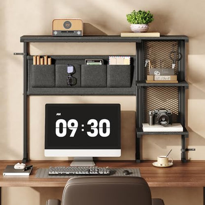 Clamp On Desk Shelf, 3-Tier Above Desk Extender with Pegboard & Hooks, Metal & Wooden Desktop Bookshelf & Organizer, Tabletop Storage Rack for Office Accessories, 38.3" W x 33" H, Black