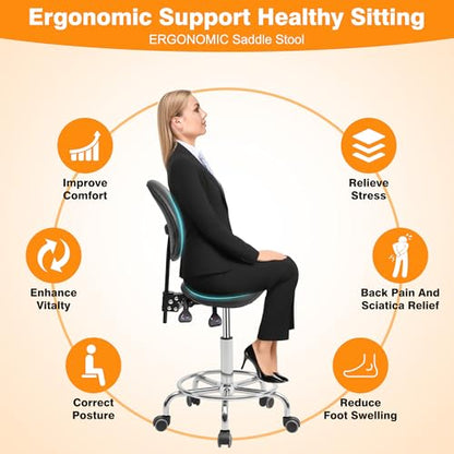 Saddle Stool Chair with Back Support and Wheels, Ergonomic Swivel Chair | Multi-functional Saddle Stool with Adjustable Height for Salon Dentist Clinic Tattoo Spa Saddle Rolling Stool Black