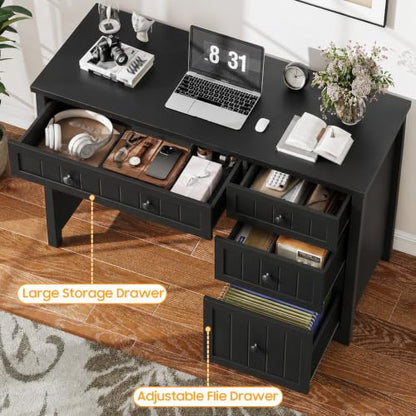 Vabches Farmhouse Executive Desk with 4 Drawers, Home Office Desk with File Drawer, Wood Computer Desk with Storage, Rustic Office Desk for Work Study Writing, Pure Black - color: Pure Black