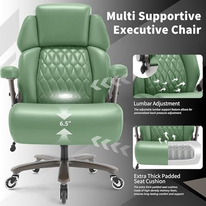 Big and Tall Office Chair 700lbs, Ergonomic High Back Computer Desk Chair | Adjustable Headrest&Lumbar Support, 3D Flip Arms, Large Wheels, Heavy Duty Metal Base, Thick Padded Wide Seat Executive Chair - color: Green