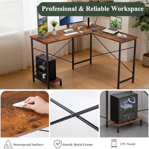 L Shaped Desk Computer Desk, 50inch Brown Gaming Desk with CPU Stand - color: Rustic Brown