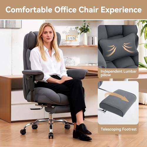 Efomao Executive Office Chair, Bluegrey Fabric Big and Tall Desk Chair | Breathable fabric, pocket spring & foam seat, retractable footrest, 135° recline for computer gaming setup - color: 3084mus-bluegrey