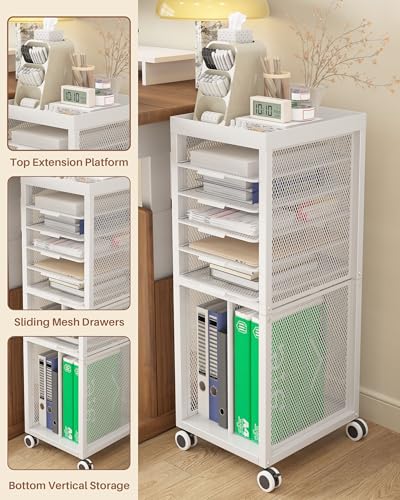 Rolling File Cart with 4 Dividers, Mobile File Cabinet with Wheels | Hanging File Folder Organizer, Under Desk Storage, Printer Stand Utility Cart Filing Cabinet for Home Office（White）