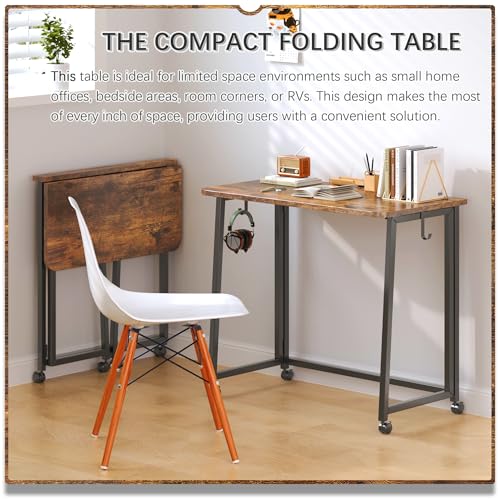 4NM 31.5" Mobile Small Folding Desk, Foldable Rolling Computer Home Office Desk, Study Writing Table for Small Space Saving Bedroom, with Wheels - Rustic Brown and Black - color: Rustic Brown and Black, size: 31.5"W x 15.7"D