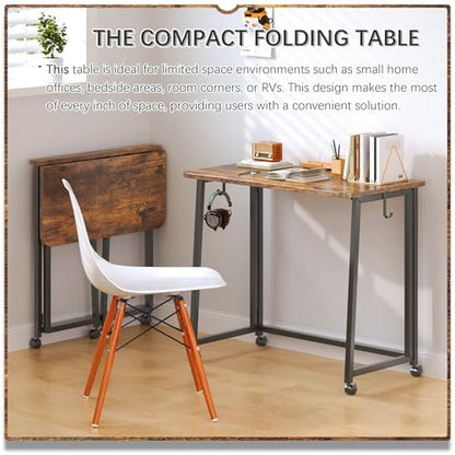 4NM 31.5" Mobile Small Folding Desk, Foldable Rolling Computer Home Office Desk, Study Writing Table for Small Space Saving Bedroom, with Wheels - Rustic Brown and Black - color: Rustic Brown and Black, size: 31.5"W x 15.7"D