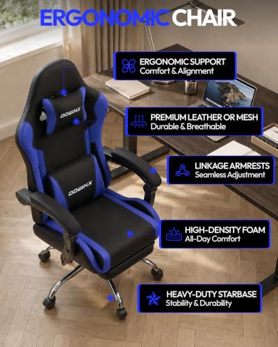 Dowinx Ergonomic Gaming Chair with Footrest & Massage Lumbar, 2D-Linkage Armrests for Computer Chair 330lbs with Headrest Pillow for Office, Home, Streaming and Long Gaming Sessions, Fabric Dark Blue - color: Dark Blue