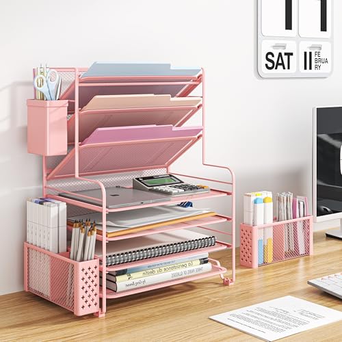 Simple Trending 7 Tier Desk File Organizer, Letter Tray Paper Organizer with Pen Holder and Metal Hanging Basket, Pink - color: 7 Tier Pink