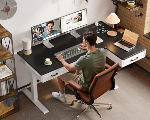 55 Inch L Shaped Standing Desk with 4 Wooden Drawers, White+Black | Reversible Corner Table, Office Table With 4 Wooden Drawers and Outlets For Home Office, Computer Workstation, Sit Stand Use - color: White+black, size: 55 Inch