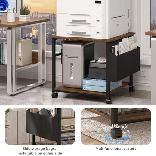 Lerliuo Brown Large Printer Stand with Storage | 23.6" W x 23.6" D x 22.8" H Printer Table for Home Office, Rolling Printer Cart Holder with Lockable Wheels & Side Pocket - color: Brown