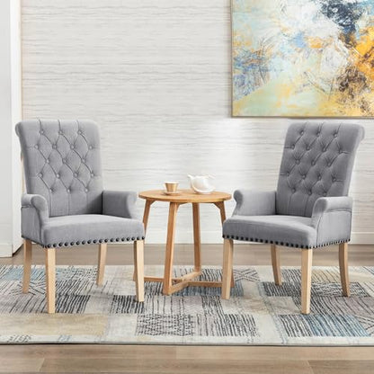 LOULENS Linen Dining Chair with Arms, Tufted Dining Room Chairs, Light Grey | Solid Wood Legs, Nailhead Trim, Accent Chair, Kitchen Chair - color: Grey-a, size: 1 PCS