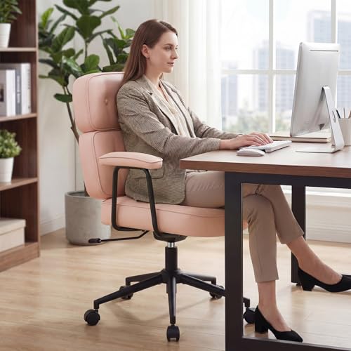 Ergonomic Leather Office Chair, High Back Executive Desk Chair | Comfy Lumbar Support, Padded Arms, Adjustable Height, 360° Swivel Rolling Computer Chairs for Home Office, Pink - color: Pink