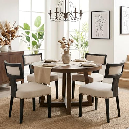 HNY Mid Century Modern Dining Chairs Set of 2, Farmhouse Linen Fabric Upholstered Accent Chairs Curved Nailhead Trim Backrest Kitchen Chairs, with Black Hardwood Frame, Beige - color: Nailhead Beige