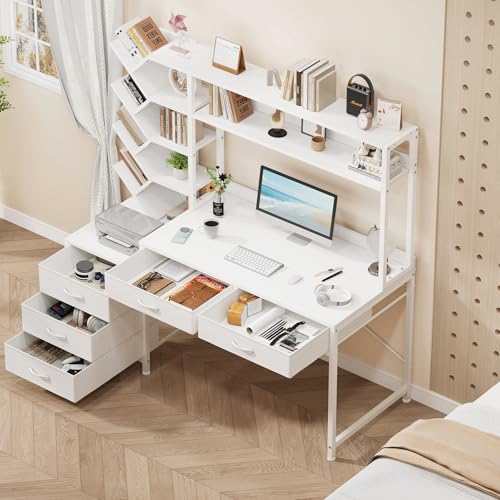YOMILUVE 52" Computer Desk with Bookshelf, 5 Drawers ＆ Hutch for Bedroom | White Office Desk with Printer Shelf, Study Writing Desk with Storage Shelves - color: White