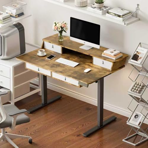 MSZ Sit & Standing Desk, Adjustable Height Electric Sit Stand Up Down Computer Table, 48x24 Inch Ergonomic Rising Modern Lift Motorized Gaming Desktop Work Home Office (Brown-Double Bookcase) - color: 4-brown-double Bookcase