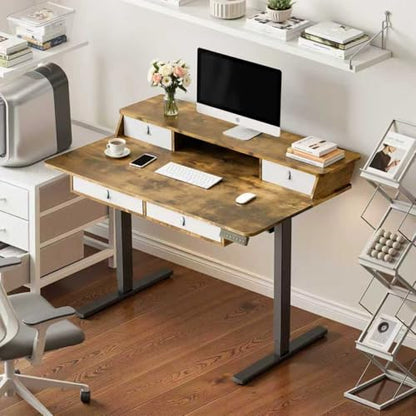 MSZ Sit & Standing Desk, Adjustable Height Electric Sit Stand Up Down Computer Table, 48x24 Inch Ergonomic Rising Modern Lift Motorized Gaming Desktop Work Home Office (Brown-Double Bookcase) - color: 4-brown-double Bookcase