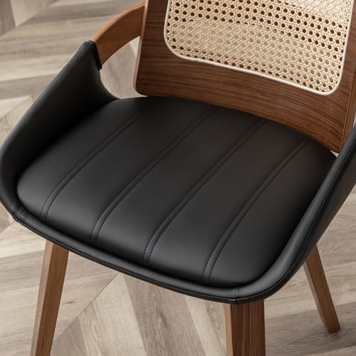 Set of 4 Black Rattan Dining Chair - Mid Century Modern Dining Chair with Ergonomic Cane Back, Bentwood Frame, Faux Leather Seat, Arms, Walnut Dining Chairs for Living Room/Kitchen (Walnut Black) - color: Walnut Black, size: Set of 4