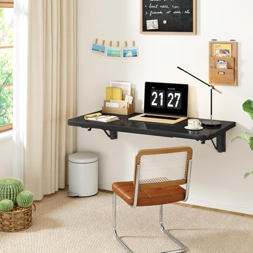 IBUYKE Wall Mounted Folding Table, Floating Wall Desk for Small Spaces, Fold Down Laundry Shelf with Heavy-Duty Brackets, Wall Table for Home Office/Bar/Kitchen/Dining Black UTVT005B - color: Black