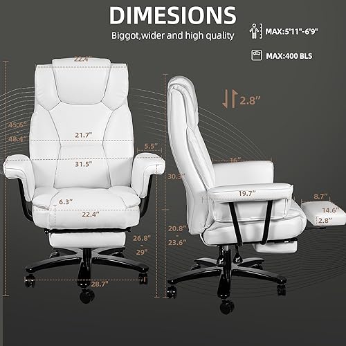 Reclining Office Chair with Footrest, Big and Tall Home Office Desk Chairs 400lbs with High Back, Criss Cross Wide Seat, Heavy Duty Base, Pu Leather, White - color: White