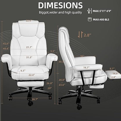 Reclining Office Chair with Footrest, Big and Tall Home Office Desk Chairs 400lbs with High Back, Criss Cross Wide Seat, Heavy Duty Base, Pu Leather, White - color: White