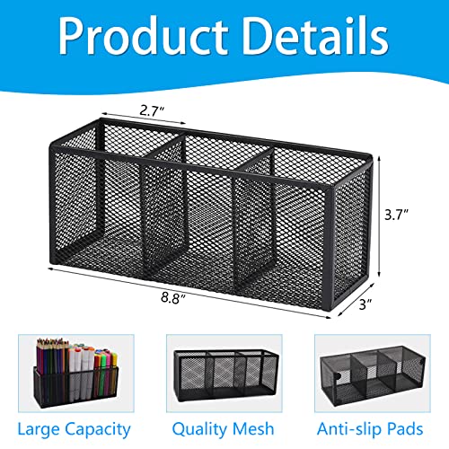 2PCS Black Mesh Pen Pencil Holder, Small Metal Desk Organizer Desktop Stationery Office Supplies Acessories Storage Stand, 3 Compartments Brushes Holder for Home School Classroom Teachers - size: 2pcs 3 Grids