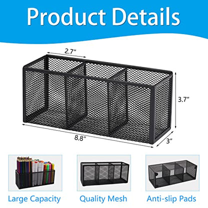 2PCS Black Mesh Pen Pencil Holder, Small Metal Desk Organizer Desktop Stationery Office Supplies Acessories Storage Stand, 3 Compartments Brushes Holder for Home School Classroom Teachers - size: 2pcs 3 Grids