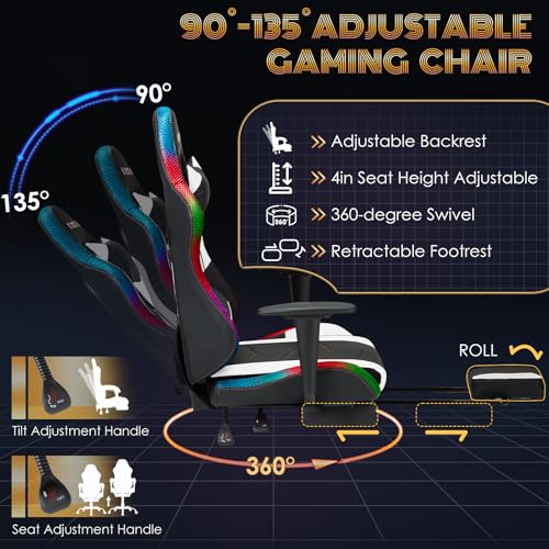ECOTOUGE Racing Style RGB LED Lights Gaming Chair with Footrest - color: Rgb White, size: with footrest