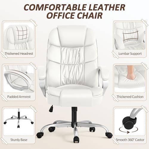 Homall Office Chair High Back Computer Desk Chair, PU Leather Adjustable Height Modern Executive Swivel Task with Padded Armrests and Lumbar Support (White) - color: White