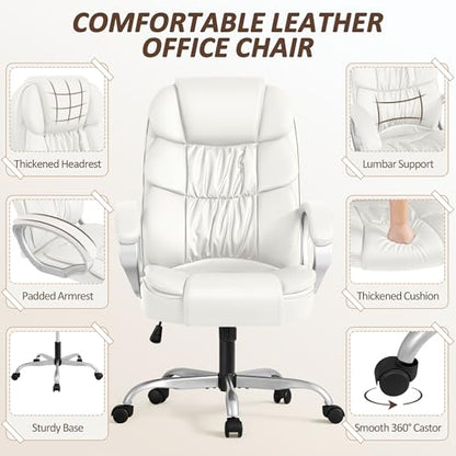 Homall Office Chair High Back Computer Desk Chair, PU Leather Adjustable Height Modern Executive Swivel Task with Padded Armrests and Lumbar Support (White) - color: White