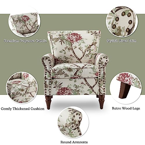 HULALA HOME Traditional Floral Accent Chair with Wood Legs, Black | Comfy Upholstered Armchair Reading Chair with Rolled Armrests, Nailhead Trim, Removable Cushion, for Living Room Bedroom - color: Floral