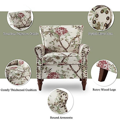 HULALA HOME Traditional Floral Accent Chair with Wood Legs, Black | Comfy Upholstered Armchair Reading Chair with Rolled Armrests, Nailhead Trim, Removable Cushion, for Living Room Bedroom - color: Floral