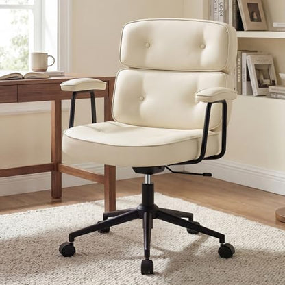 Ergonomic Leather Office Chair, High Back Executive Desk Chair | Comfy Lumbar Support, Padded Arms, Adjustable Height, 360° Swivel Rolling Computer Chairs for Home Office, Beige - color: Beige