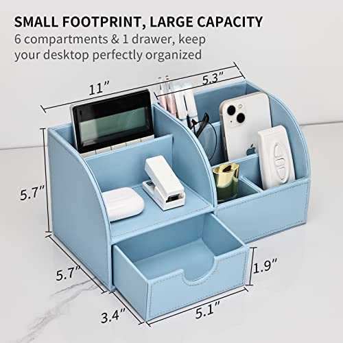 Pu Leather Desk Organizer Pen Pencil Holder Office Supplies Caddy Storage Box 6 Compartments with Drawer Blue - color: Blue