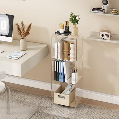 Acrylic Bookcase, 3 Tier Clear Floor Standing Bookshelf, 31.5 inch Tall Display Cube Storage Shelf Home Decor Furniture for Home, Office, Living Room, Bedroom