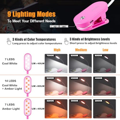 VAVOFO Rechargeable Book Light, 14 LEDs Eye Care Clip On Amber Reading Light for Bookworms Reading in Bed with 9 Colors 9 Brightness (Rose) - color: Rose