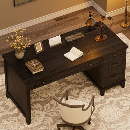 53.5" Farmhouse Home Office Desk with File Cabinet, Wooden Executive Desk with Power Outlet, Work Desk with Drawers, Traditional Wood Desk for Home and Office, Black - color: Black