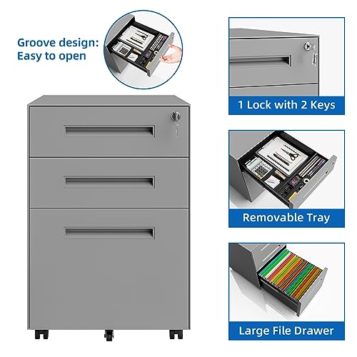 Dripex 3 Drawer Metal Rolling File Cabinet Under Desk Filing Cabinet Grey | 15"W x 18"D x 24"H, Lockable, 5 Wheels, Fully Assembled, Letter/Legal Size, Suitable for Home Office - color: Grey