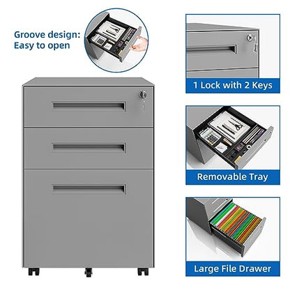 Dripex 3 Drawer Metal Rolling File Cabinet Under Desk Filing Cabinet Grey | 15"W x 18"D x 24"H, Lockable, 5 Wheels, Fully Assembled, Letter/Legal Size, Suitable for Home Office - color: Grey
