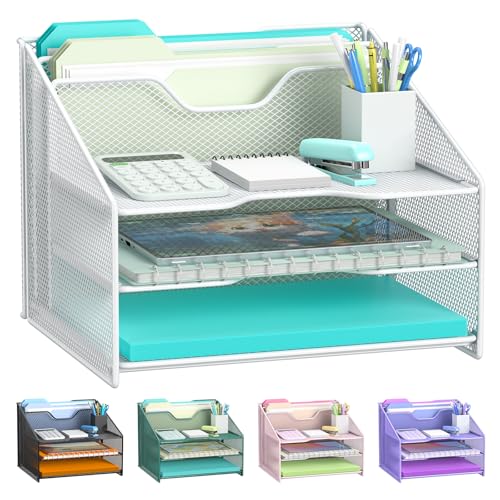 Samstar White Desk File Organizer, Mesh Letter File Folder Holder with 3 Paper Trays and 2 Vertical Upright Section, for Office Supplies, Desk Accessories & Workspace, White - color: 1 Pack White
