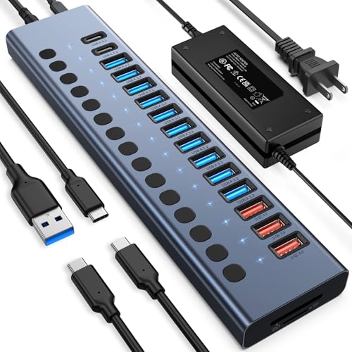 VANGREE Powered USB Hub 10Gbps, 17 Ports USB 3.2 Hub, 96W Power Adapter - color: Gray