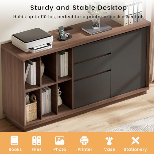ModernMate 60" File Cabinet with Drawers & Door, Built-in Charging Station